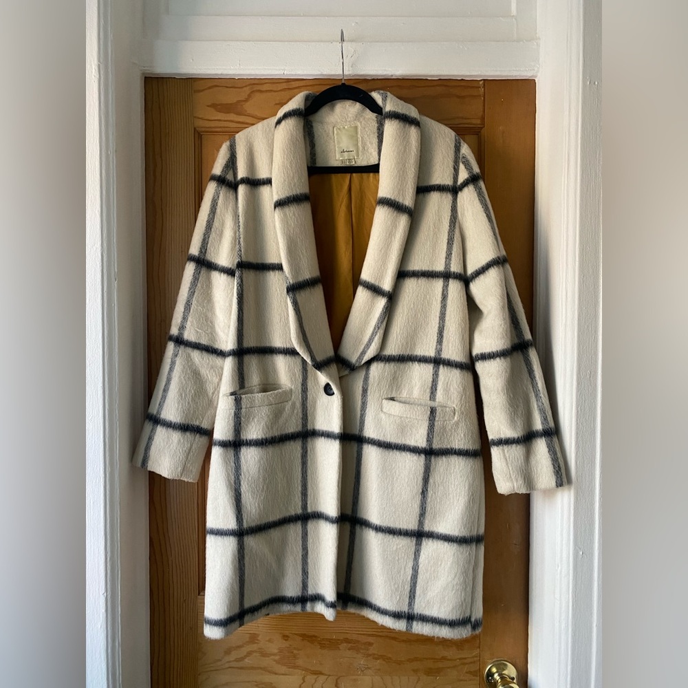 Black and white plaid wool/mohair coat with gold lining